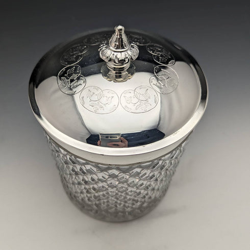 1869 British antique cut glass biscuit barrel silver plate lid